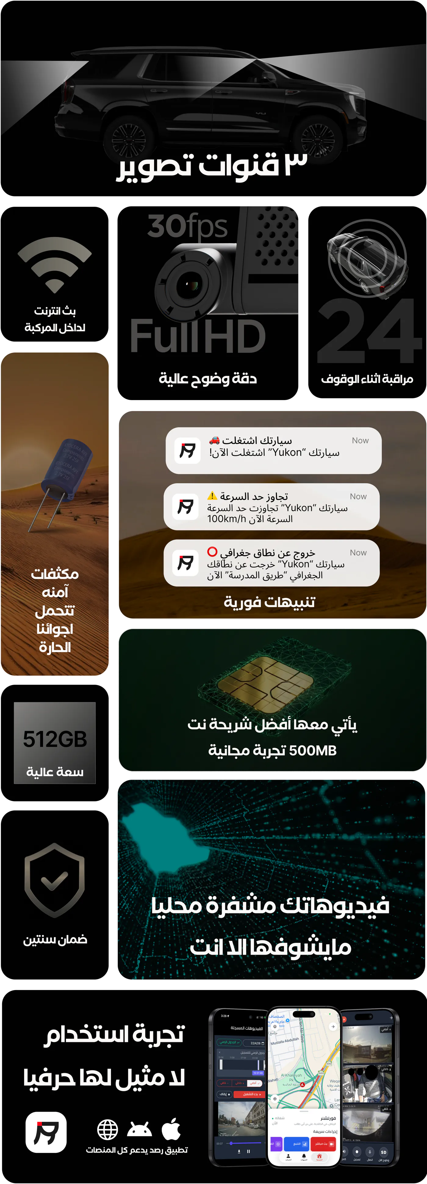 مميزات داش كام رصد: ٣ قنوات تصوير، دقة Full HD، مراقبة أثناء الوقوف ٢٤ ساعة، بث إنترنت، تنبيهات فورية، شريحة نت مدمجة، سعة 512GB، ضمان سنتين